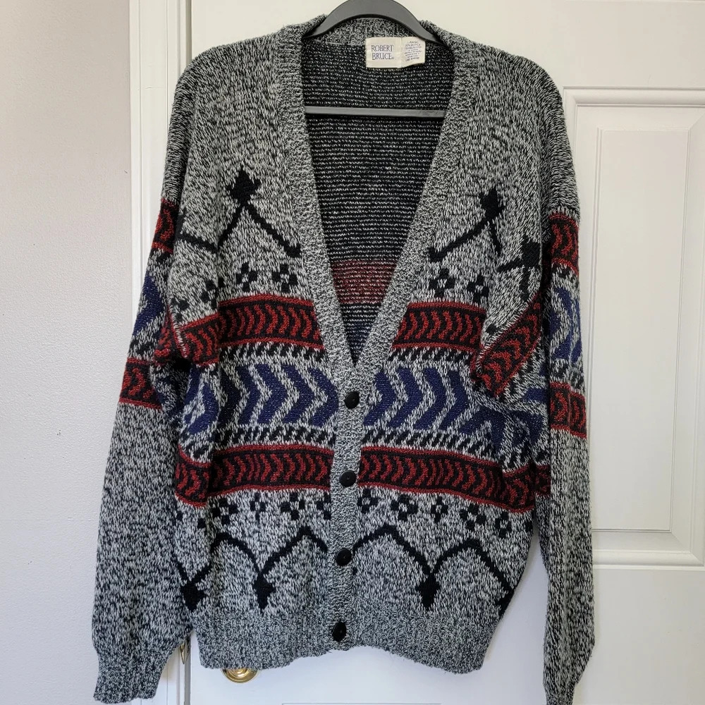 Robert Bruce Vintage Arnold Palmer Grandpa Cardigan Gray Red Black Size L